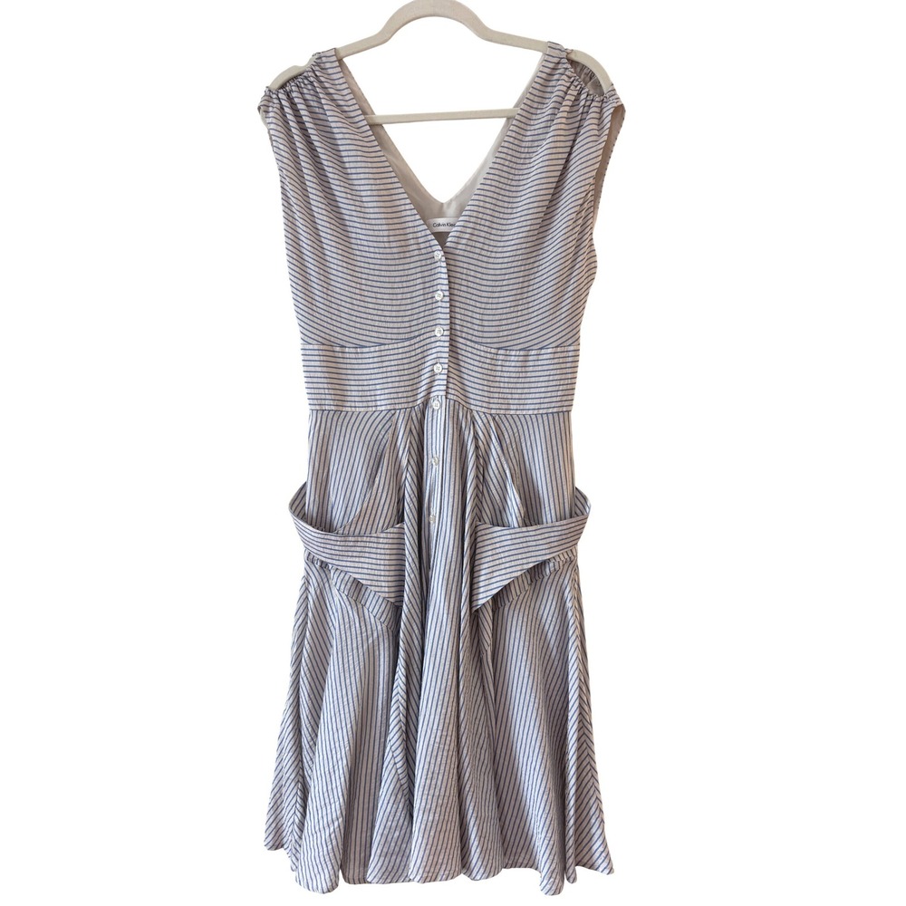 Calvin Klein Striped V-Neck Button Front Fit and Flare‎ Dress Blue White Size 6